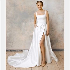 Simple Square Neckline Slit Leg Wedding Dress